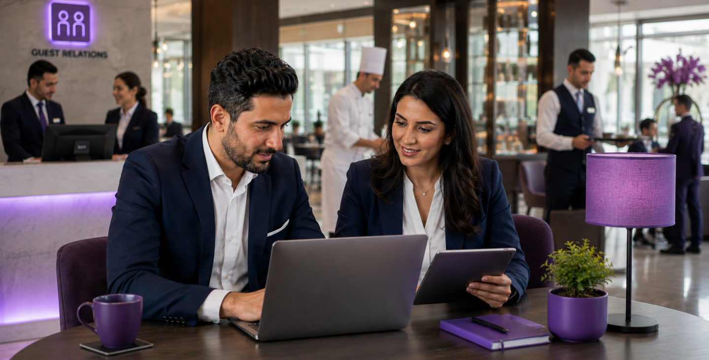 Hospitality payroll in Egypt: hotel HR reviewing staff shifts and pay records.